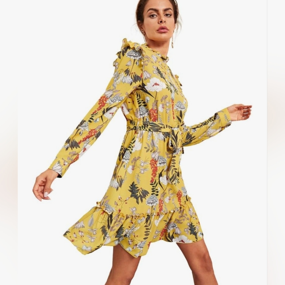 Floerns Mock Neck Gold Yellow Tropical Floral Long Sleeve Dress Ruffle Trim Sz S